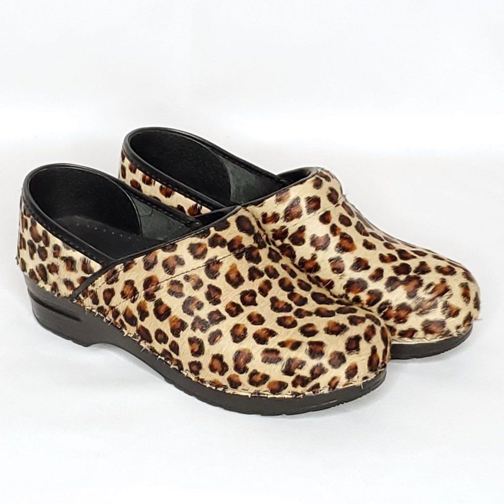 Sanita Fur Clog Leopard Cheetah Animal Print 38 Brown Black Nursing